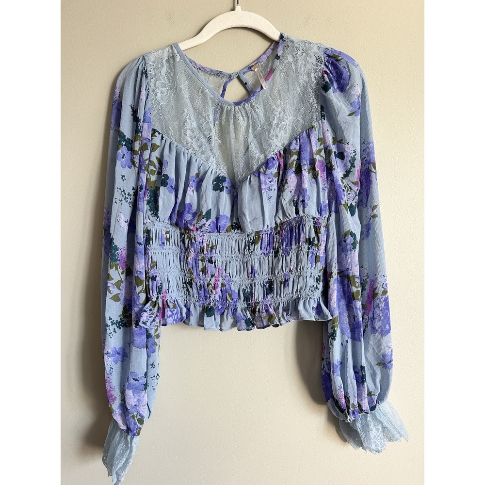 Free People Blue and Purple Floral Blouse